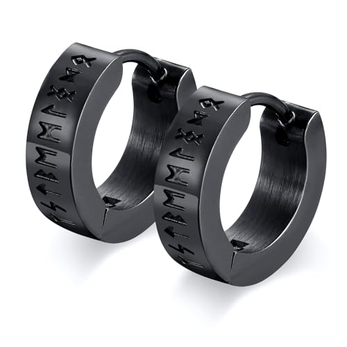 Nordischer Wikinger Hoop Ohrring Herren - Amulett Schutz Schmuck Geschenke Edelstahl Herren Ohrstecker mit Nordic Elder Futhark Runen,Schwarz,1 Paar, von FLHEART