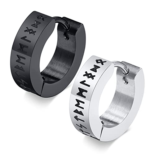 Nordischer Wikinger Hoop Ohrring Herren - Amulett Schutz Schmuck Geschenke Edelstahl Herren Ohrstecker mit Nordic Elder Futhark Runen,Schwarz und Silber,1 Paar, von FLHEART