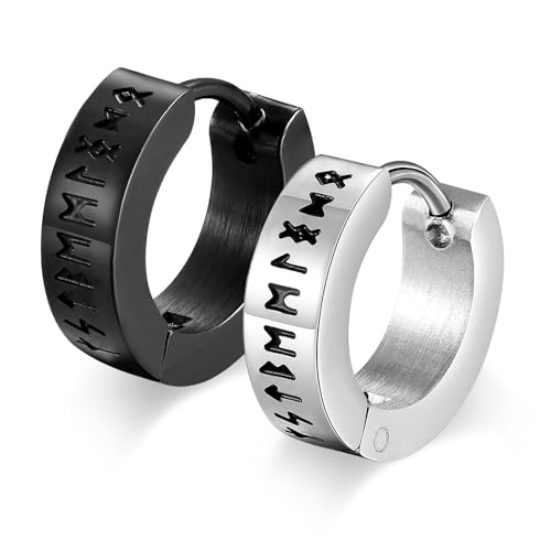 Nordischer Wikinger Hoop Ohrring Herren - Amulett Schutz Schmuck Geschenke Edelstahl Herren Ohrstecker mit Nordic Elder Futhark Runen,Schwarz und Silber,1 Paar, von FLHEART
