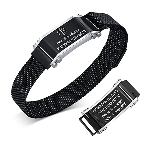 Notfallarmband Medizinisches Armband Herren Personalisiert - Edelstahl Einstellbare Mesh Band Gravur Medizinische ID Notfall Armband für Männer, Schwarz Silber Medizinischer SOS Armband von FLHEART