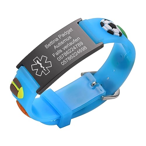 Notfallarmband SOS Armband Kinder Telefonnummer - Blau Silikon Anti Verloren Kinder Namenarmband Identifikationsarmband Kinderarmband Personalisiertes Medizinisches ID Armband für Jungen von FLHEART