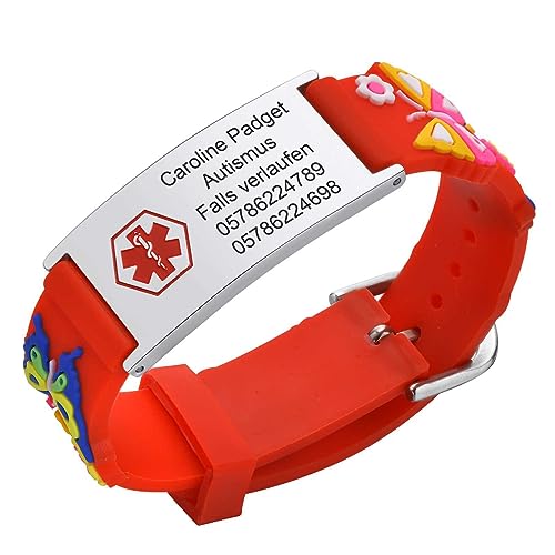 FLHEART Notfallarmband SOS Armband Kinder Telefonnummer - Rot Silikon Anti Verloren Kinder Namenarmband Identifikationsarmband Kinderarmband Personalisiertes Medizinisches ID Armband für Mädchen von FLHEART