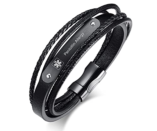 Penicillin Allergy Echtes mehrschichtiges geflochtenes Leder Medizinische ID-Armband Herren medizinische Alarm Lederarmband mit Edelstahl Magnetisch Schließe für Notfall Erste Hilfe von FLHEART