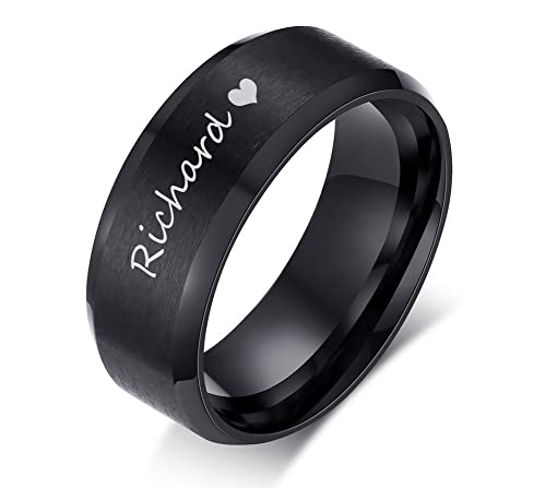 FLHEART Personalisiert Edelstahl Ring Herren : Individuell Schwarzer Edelstahl Hochzeitsband Versprechen Ring Verlobungsring für Ihn Ehemann Freund, Gravur Namen Ringe 8mm Breite von FLHEART