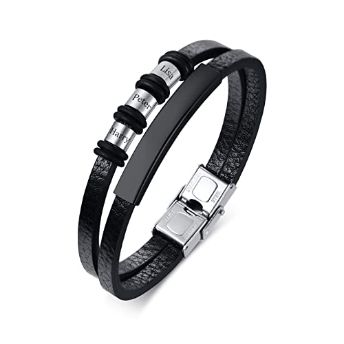 FLHEART Personalisierte Armband Herren Lederarmband mit 2-7 Namen Perlen benutzerdefinierte Name ID Armbänder für Papa Freund Ehemann Familie für Weihnachten, Geburtstag, Valentinstag,Schwarz,3 Namen von FLHEART