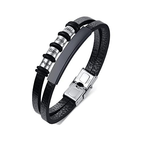 FLHEART Personalisierte Armband Herren Lederarmband mit 2-7 Namen Perlen benutzerdefinierte Name ID Armbänder für Papa Freund Ehemann Familie für Weihnachten, Geburtstag, Valentinstag,Schwarz,4 Namen von FLHEART