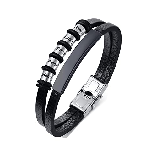 FLHEART Personalisierte Armband Herren Lederarmband mit 2-7 Namen Perlen benutzerdefinierte Name ID Armbänder für Papa Freund Ehemann Familie für Weihnachten, Geburtstag, Valentinstag,Schwarz,5 Namen von FLHEART