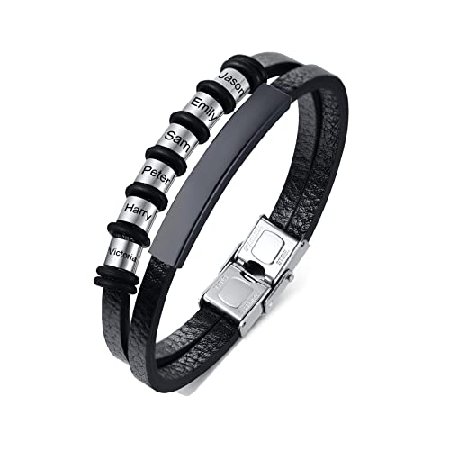 FLHEART Personalisierte Armband Herren Lederarmband mit 2-7 Namen Perlen benutzerdefinierte Name ID Armbänder für Papa Freund Ehemann Familie für Weihnachten, Geburtstag, Valentinstag,Schwarz,6 Namen von FLHEART