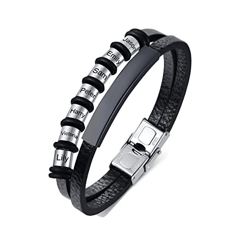 FLHEART Personalisierte Armband Herren Lederarmband mit 2-7 Namen Perlen benutzerdefinierte Name ID Armbänder für Papa Freund Ehemann Familie für Weihnachten, Geburtstag, Valentinstag,Schwarz,7 Namen von FLHEART