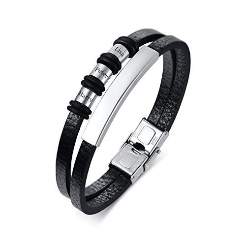 FLHEART Personalisierte Armband Herren Lederarmband mit 2-7 Namen Perlen benutzerdefinierte Name ID Armbänder für Papa Freund Ehemann Familie für Weihnachten, Geburtstag, Valentinstag,Silber,3 Namen von FLHEART