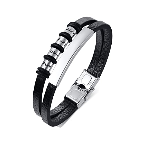 Personalisierte Armband Herren Lederarmband mit 2-7 Namen Perlen benutzerdefinierte Name ID Armbänder für Papa Freund Ehemann Familie für Weihnachten, Geburtstag, Valentinstag,Silber,4 Namen von FLHEART