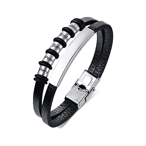 FLHEART Personalisierte Armband Herren Lederarmband mit 2-7 Namen Perlen benutzerdefinierte Name ID Armbänder für Papa Freund Ehemann Familie für Weihnachten, Geburtstag, Valentinstag,Silber,5 Namen von FLHEART