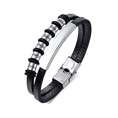 FLHEART Personalisierte Armband Herren Lederarmband mit 2-7 Namen Perlen benutzerdefinierte Name ID Armbänder für Papa Freund Ehemann Familie für Weihnachten, Geburtstag, Valentinstag,Silber,6 Namen von FLHEART