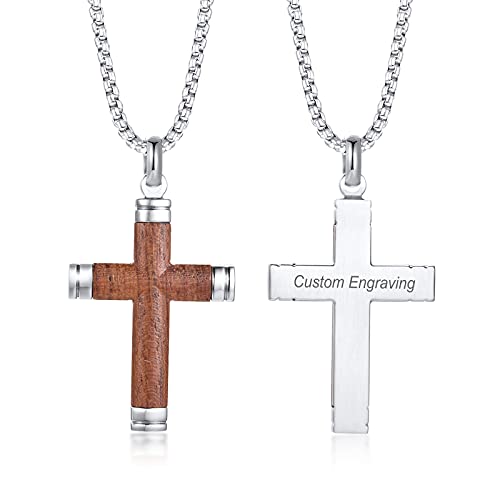 FLHEART Personalisierte Edelstahl & Koa Holz Heiliges Kreuz Anhänger Halskette für Herren Jungen, religiöse christliche Taufe Schmuck Geschenk, mit 24" Weizen Kette von FLHEART