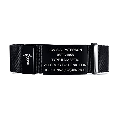 FLHEART Personalisierte Medizinische Alert ID Armband | Einstellbare Sport Nylonband Gürtelschnalle Caduceus Alert Armband Allergie Diabetiker Armband für Männer Frauen, Customized,Schwarz von FLHEART