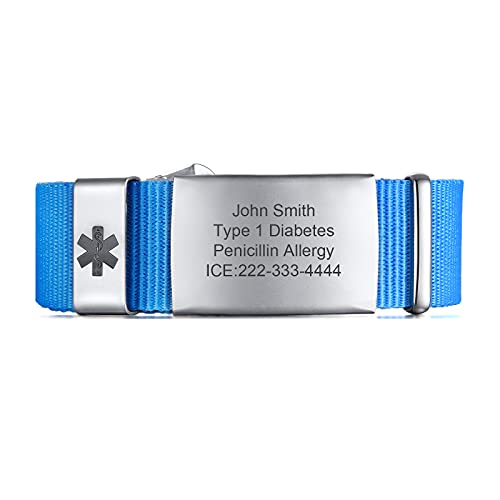 FLHEART Personalisierte Medizinische Alert ID Armband | Einstellbare Sport Nylonband Gürtelschnalle medizinisches Alarm Armband Allergie Diabetiker Armband für Herren Damen, angepasst,Blau von FLHEART