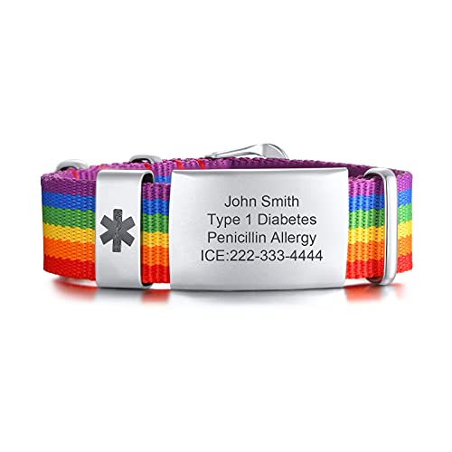 FLHEART Personalisierte Medizinische Alert ID Armband | Einstellbare Sport Nylonband Gürtelschnalle medizinisches Alarm Armband Allergie Diabetiker Armband für Herren Damen, angepasst,Regenbogen von FLHEART