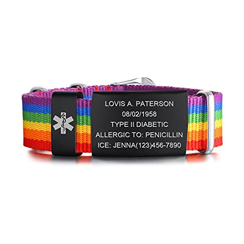 FLHEART Personalisierte Medizinische Alert ID Armband | Einstellbare Sport Nylonband Gürtelschnalle medizinisches Alarm Armband Allergie Diabetiker Armband für Herren Damen, angepasst,Regenbogen von FLHEART