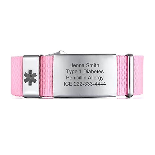 Personalisierte Medizinische Alert ID Armband | Einstellbare Sport Nylonband Gürtelschnalle medizinisches Alarm Armband Allergie Diabetiker Armband für Herren Damen, angepasst,Rosa von FLHEART