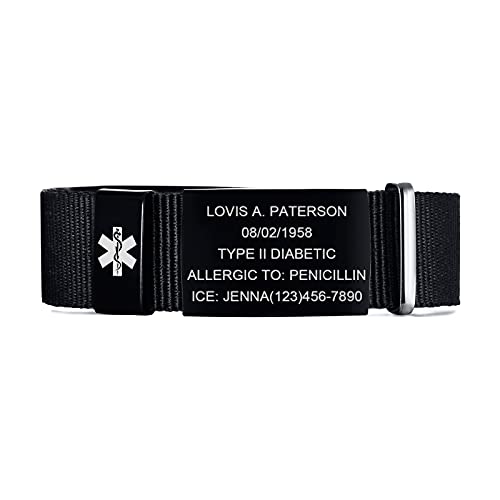 Personalisierte Medizinische Alert ID Armband | Einstellbare Sport Nylonband Gürtelschnalle medizinisches Alarm Armband Allergie Diabetiker Armband für Herren Damen, angepasst,Schwarz von FLHEART