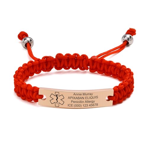 Personalisierte Medizinisches Armband Damen - Gravur Handgefertigt Einstellbare Geflochtene Seil Notfall Identifikation Armband für Frauen Jugendlich, Individuell Medizinische Armbänder,Rot von FLHEART
