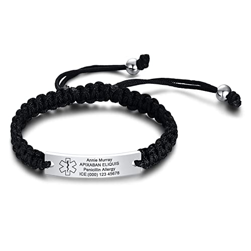Personalisierte Medizinisches Armband Damen - Gravur Handgefertigt Einstellbare GeflochteneSeil Notfall Identifikation Armband für Frauen Männer Jugendlich, Individuell Medizinische Armbänder von FLHEART