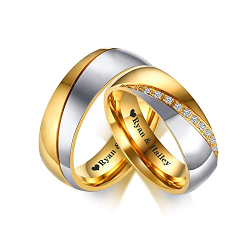 Personalisierte Paar Eheringe für Sie und Ihn Kostenlose Gravur 2-Ton vergoldetem Edelstahl Kubisch Zirkoniumdioxid Versprechen Ring Set Valentinstag von FLHEART