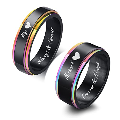 Personalisierte Paar Ringe - Custom Gravur Edelstahl Regenbogen Belvedere Spinner Design Fidget Hochzeit Band Versprechen Verlobungsring für erren Damen Seine und ihre Paar Ring Satz von FLHEART