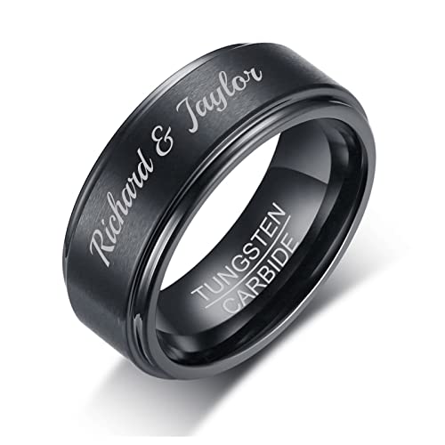 FLHEART Personalisierter Wolfram Ring: Individuell Aus Schwarzem Wolframkarbid für Herren - Ehering, Versprechen, Verlobung für Ihn, Ehemann, Freund - 8mm Gravur Namen von FLHEART