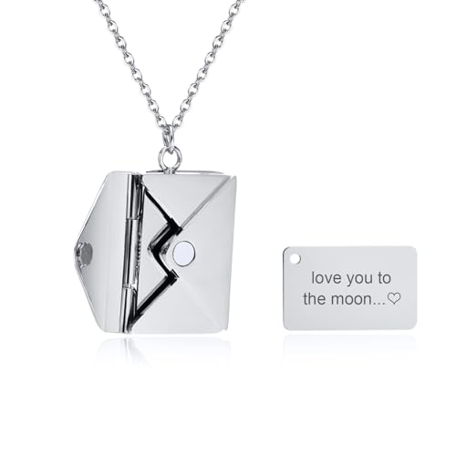 Personalisierte Umschlag Medaillon Halskette Damen - Edelstahl Graviert Geheimer Nachricht Name Anfangsbuchstabe Nachricht Halskette für Mama Freundin Paar Schwester BFF, Sliber von FLHEART