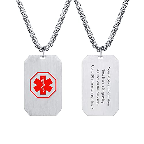 FLHEART Personalisierte medizinische Alarm Halskette | kundengebundene Edelstahl Notfall medizinische ID Hundemarke Anhänger Halskette für Herren,Allergie Alarm Identifikation Halskette,24" Kette von FLHEART