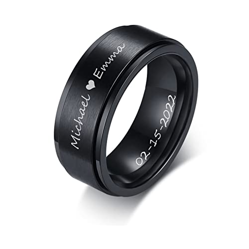 Personalisierter Edelstahl Spinner Ring Herren: Individuell Schwarz Spinner Fidget Ehering Versprechen Ring Verlobungsring für Ihn Ehemann Freund, 8mm Breite Gravieren Ringe mit Namen von FLHEART