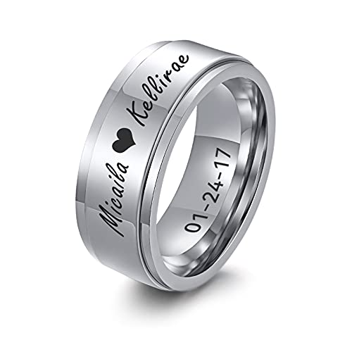 FLHEART Personalisierter Spinner Ring, Fedget Band Ring, Edelstahl Minimalist Band Stil benutzerdefinierte Name Ring Versprechen Verlobung Ehering für Herren, Silber, 8mm, Größe 57 (18.1) von FLHEART