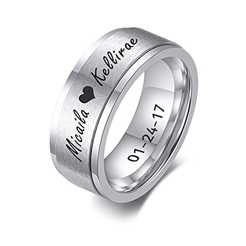 Personalisierter Spinner Ring, Fedget Band Ring, Edelstahl Minimalist Band Stil benutzerdefinierte Name Ring Versprechen Verlobung Ehering für Herren, Silber, 8mm, Größe 64 (20.4),Silver von FLHEART