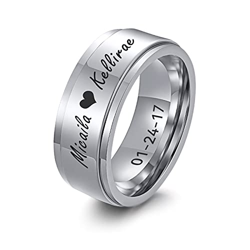 Personalisierter Spinner Ring, Fedget Band Ring, Edelstahl Minimalist Band Stil benutzerdefinierte Name Ring Versprechen Verlobung Ehering für Herren, Silber, 8mm, Größe 67 (21.3) von FLHEART