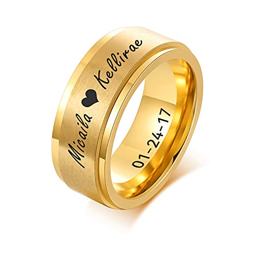 Personalisierter Spinner Ring, Fedget Band Ring, Edelstahl Minimalist Band Stil benutzerdefinierte Name Ring Versprechen Verlobung Ehering für Herren, Vergoldet, 8mm, Größe 59 (18.8) von FLHEART