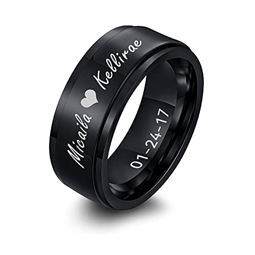 FLHEART Personalisierter Spinner Ring, Fedget Band Ring, Edelstahl Minimalist Band Stil benutzerdefinierte Name Ring Versprechen Verlobung Ehering für Herren, schwarz, 8mm, Größe 59 (18.8) von FLHEART