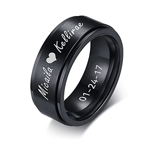 Personalisierter Spinner Ring, Fedget Band Ring, Edelstahl Minimalist Band Stil benutzerdefinierte Name Ring Versprechen Verlobung Ehering für Herren, schwarz, 8mm, Größe 67 (21.3) von FLHEART