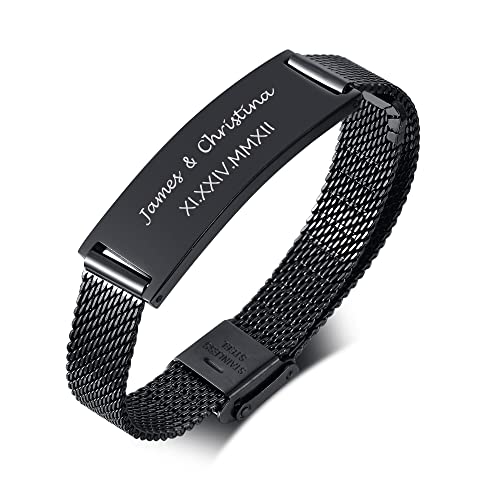 FLHEART Personalisiertes Armband Für Herren | Individuell Graviertes Schwarzes Edelstahl Geflechtband ID verstellbares Armband Schmuck Individuelles Geschenk für Ehemann Vater Bruder Sohn Opa von FLHEART