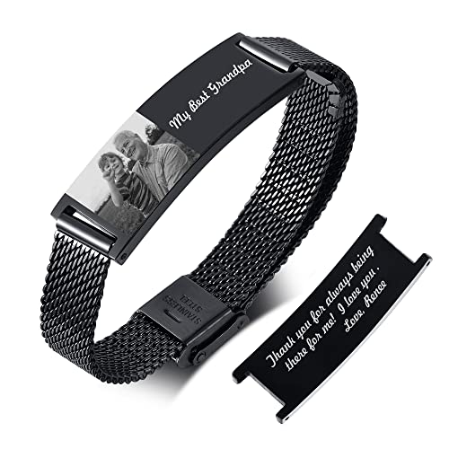 FLHEART Personalisiertes Opa ID Armband – Edelstahl Armband Mit Schwarzem Netz, Individuell Graviertes Foto Text Armband Für Großvater, Armband mit versteckter Nachricht, Papa Geschenk Zum Vatertag von FLHEART