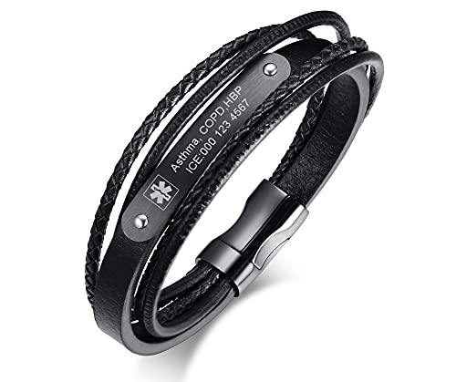 FLHEART Personalisiertes echtes mehrschichtiges geflochtenes Leder Medizinische ID Armband Herren medizinisches Alarm-Lederarmband mit Edelstahl-Magnetisch Schließe für Notfall Erste Hilfe von FLHEART