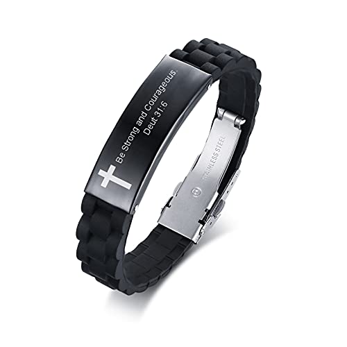 FLHEART Religiöses Silikon Armband für Herren | Be Strong and Courageous Deut 31:6 Inspirational Christliche BibelversID Armband, religiöses Geschenk, Kreuz Armband, christliche religiösen Schmuck von FLHEART