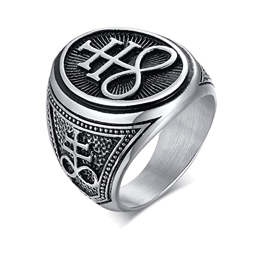 FLHEART Satanischer Siegelring Herren, Geschenke Edelstahl Siegel von Luzifer Symbol Punk Biker Ring für Mann Männer Kirche der Dämon Teufel Satan Ringe, Amulett Schmuck für Mann, Größe 62 (19.7) von FLHEART