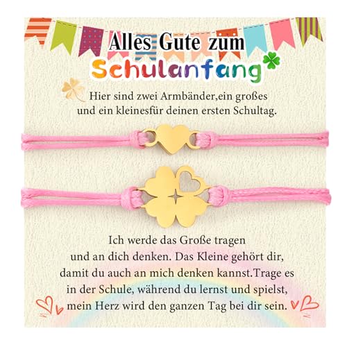 Schulkind Schulanfang Armbander Einschulung Geschenke - 2 Stück Schulanfänger Armbänder Glücksbringer Kleeblatt Armbander Mama Schulkind, Erster Schultag Einschulungsgeschenk für Mädchen von FLHEART