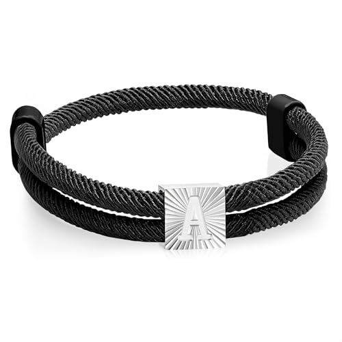 FLHEART Segeltau Armband Herren mit Buchstaben - Schwarz Segler Nylon Surferarmband mit A-Z Buchstabe für Männlich, Verstellbares Surfer Armband Geschenke für Männer Geburtstag Abschluss, A von FLHEART