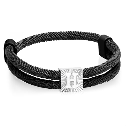 Segeltau Armband Herren mit Buchstaben Surferarmband - Schwarz Segler Nylon Surf Armbänder mit Initial A-Z Buchstabe, Verstellbares Surfer Armband Geschenke für Männer Junge Geburtstag, H von FLHEART
