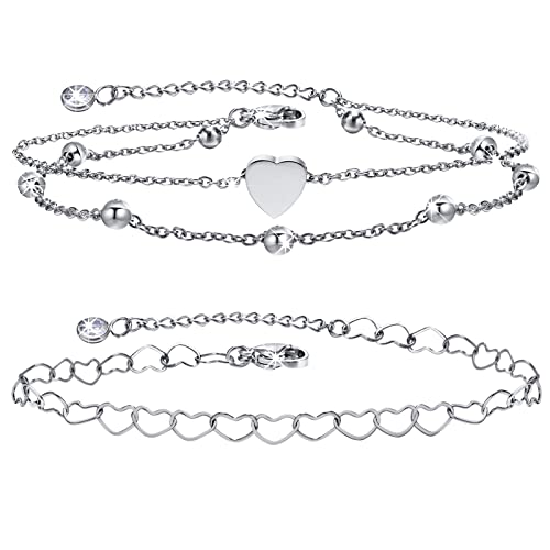 Silber Herz Fußkettchen für Frauen - 2 Pcs Wasserfest Herzkette und Doppel Fußkette mit Kugeln für Damen Mädchen Verstellbar Sommer Strand Sandale Barfuß Fußkettchen Schmuck Geschenke von FLHEART