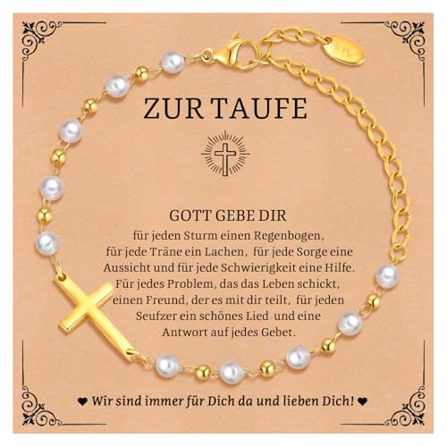 FLHEART Taufe Geschenk für Mädchen Kreuz Armband - Perle Armbänder mit Edelstahl Vergoldet Kreuz für Kinder, Kinderarmband für Tochter Enkelin Nichte Tauf Geschenke, Taufgeschenke für Mädchen von FLHEART