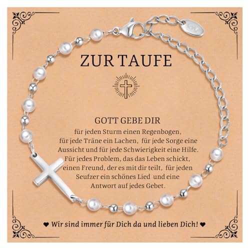 FLHEART Taufe Geschenk für Mädchen Kreuz Armband - Perle Armbänder mit Edelstahl Versilbert Kreuz für Kinder, Kinderarmband für Tochter Enkelin Nichte Tauf Geschenke, Taufgeschenke für Mädchen von FLHEART