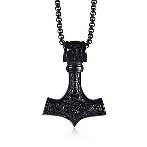 Thor's Hammer Halskette Herren - Edelstahl Mjolnir Thor's Hammer Runic Anhänger Viking Norse Halskette mit 24" Rolo Kette, Nordic Schutz Amulett Schmuck Geschenk für ihn,Schwarz von FLHEART